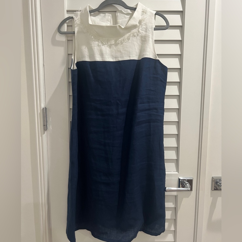 Preppy White and Navy Linen Dress with high collar and fringe detail size S